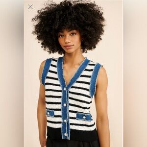 Striped Sleeveless Cardigan with Blue Trim